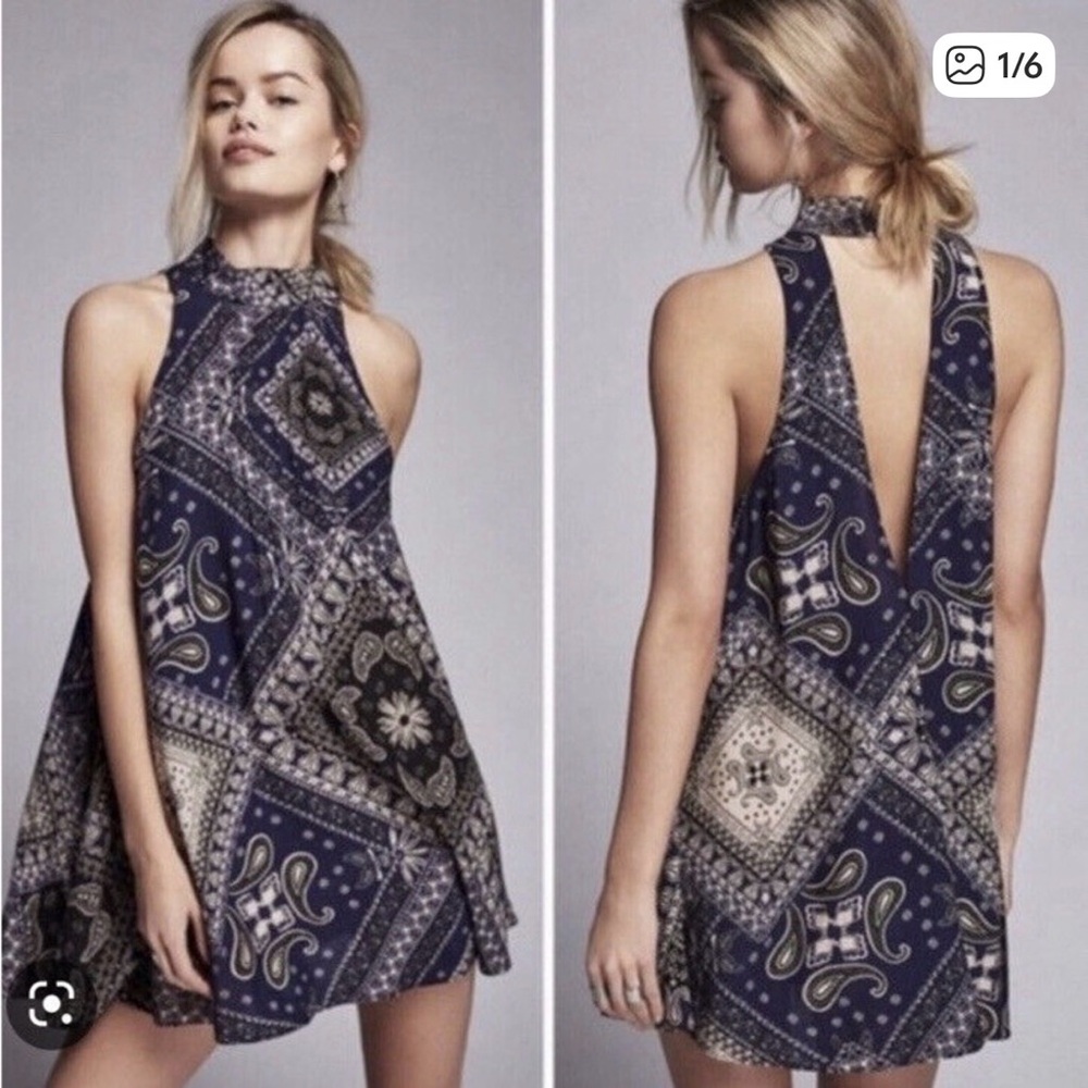Free People Intimately Beaux Navy Bandana Print Halter Dress